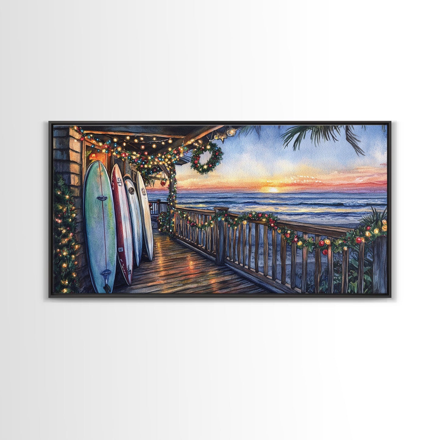 Coastal Christmas Porch Canvas Print with Surfboards