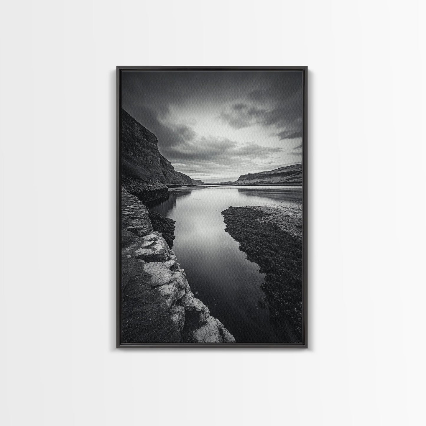 River Gorge, Twilight Reflections, Cliffside Calm, Canvas Print, Moody Black White Wall Art