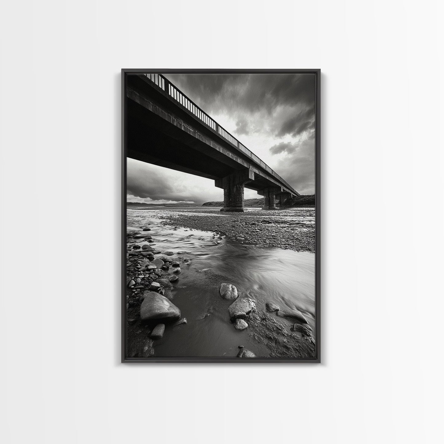 Stormy Bridge, River Rocks, Dramatic Sky, Moody Photography, Office Wall Art
