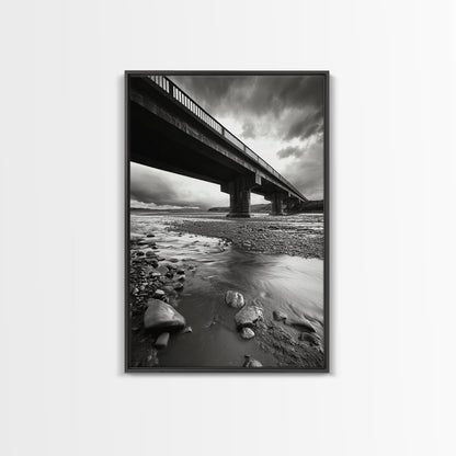 Stormy Bridge, River Rocks, Dramatic Sky, Moody Photography, Office Wall Art