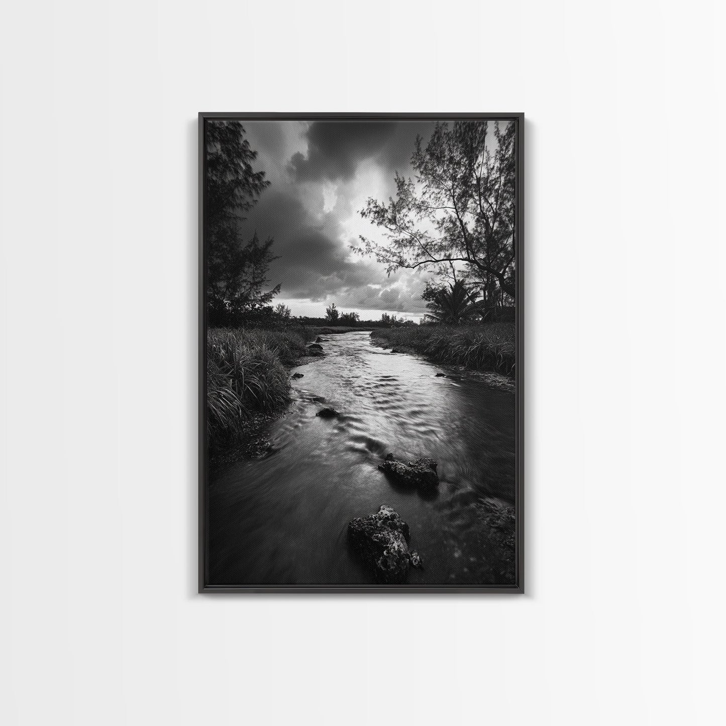 River Flow, Storm Clouds, Nature Trees, Monochrome Scene, Framed Canvas Print