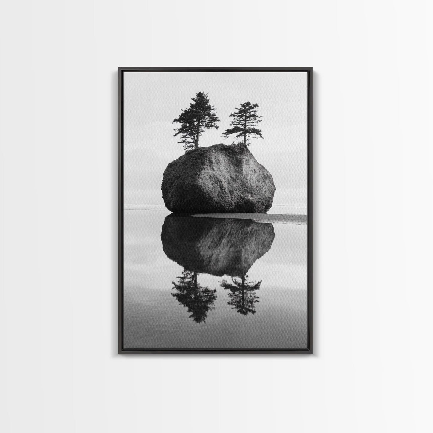 Island Reflection, Twin Trees, Still Water, Minimal Seascape, Zen Decor, Black and White Art