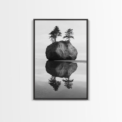 Island Reflection, Twin Trees, Still Water, Minimal Seascape, Zen Decor, Black and White Art
