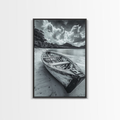 Abandoned Rowboat, Tropical Coastline, Vintage Travel Vibes, Black and White Canvas Print, Beach House or Coastal Living Wall Art