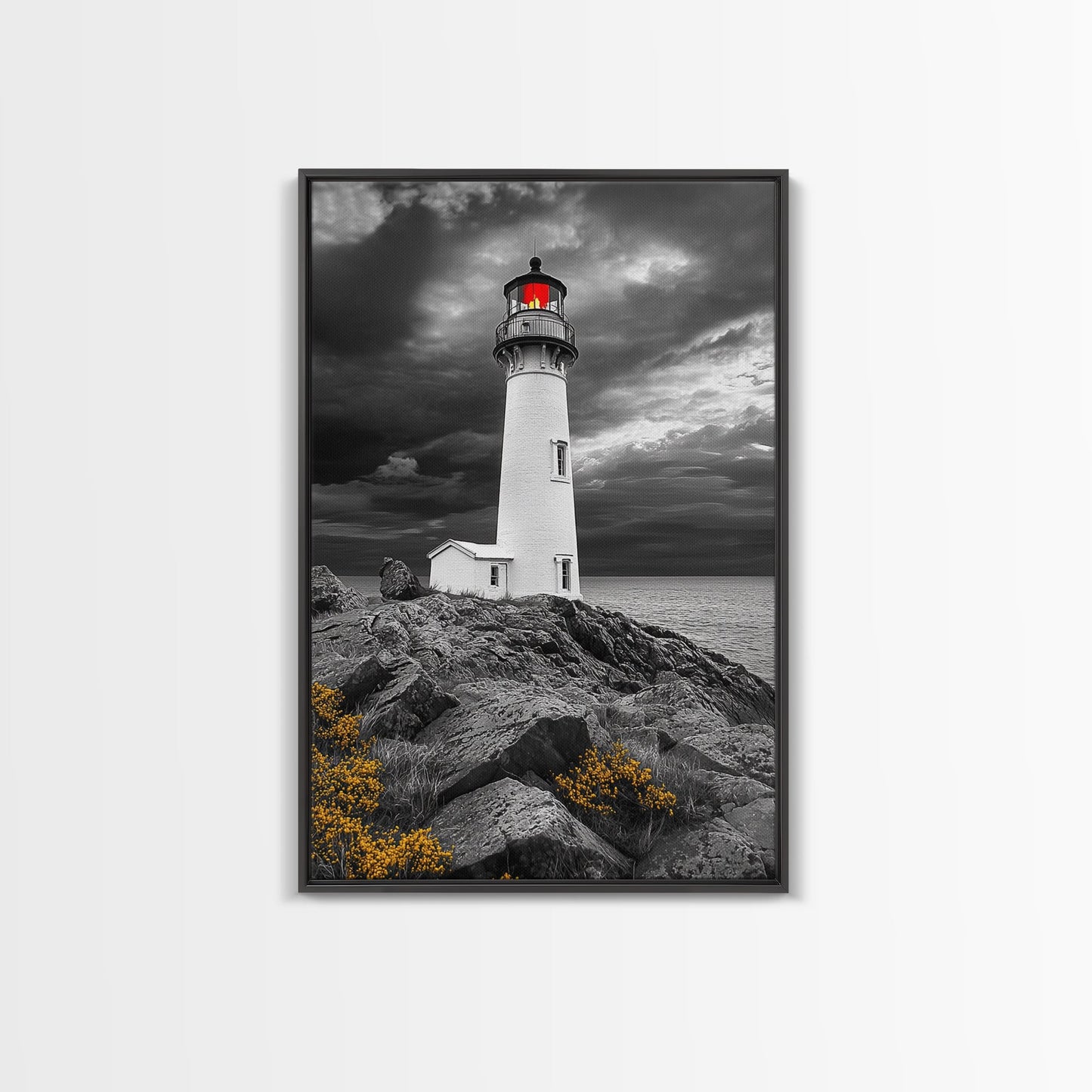 Red Beacon Lighthouse, Rocky Coast Light, Dramatic Storm Sky, Ocean Guide, Framed Canvas Print