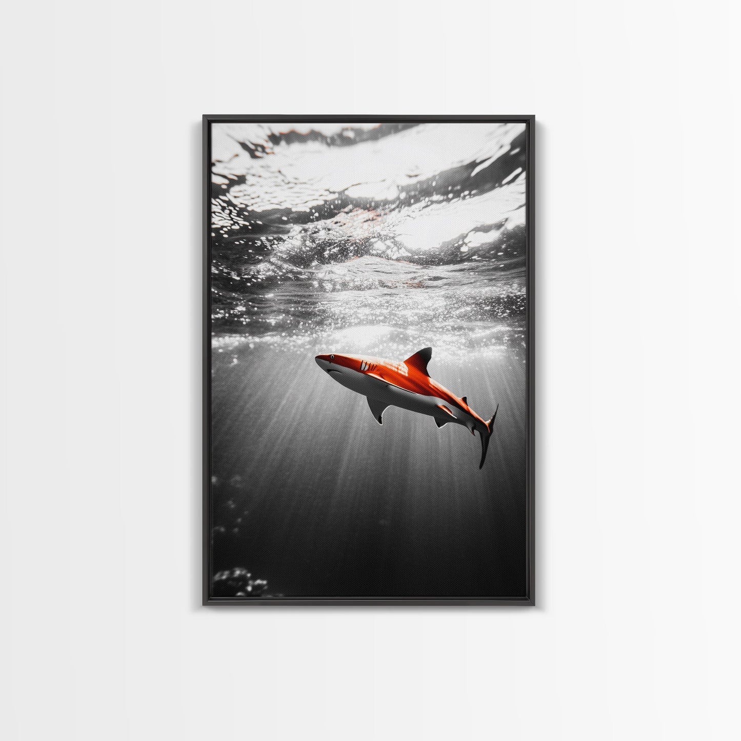 Red Shark, Underwater Scene, Ocean Light Rays, Color Contrast, Canvas Print