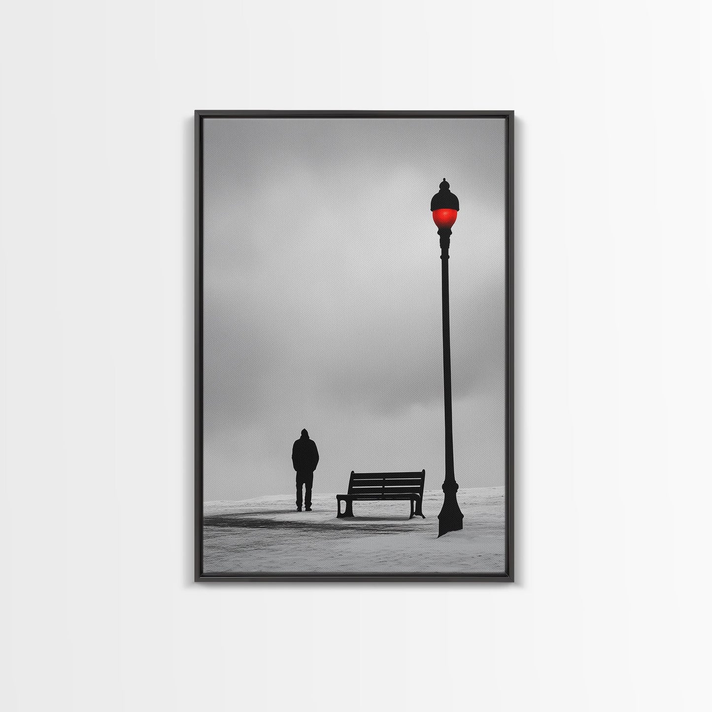Red Street Lamp, Snowy Walkway, Silhouette Scene, Framed Canvas Print, Moody Wall Art