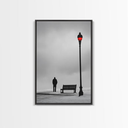 Red Street Lamp, Snowy Walkway, Silhouette Scene, Framed Canvas Print, Moody Wall Art