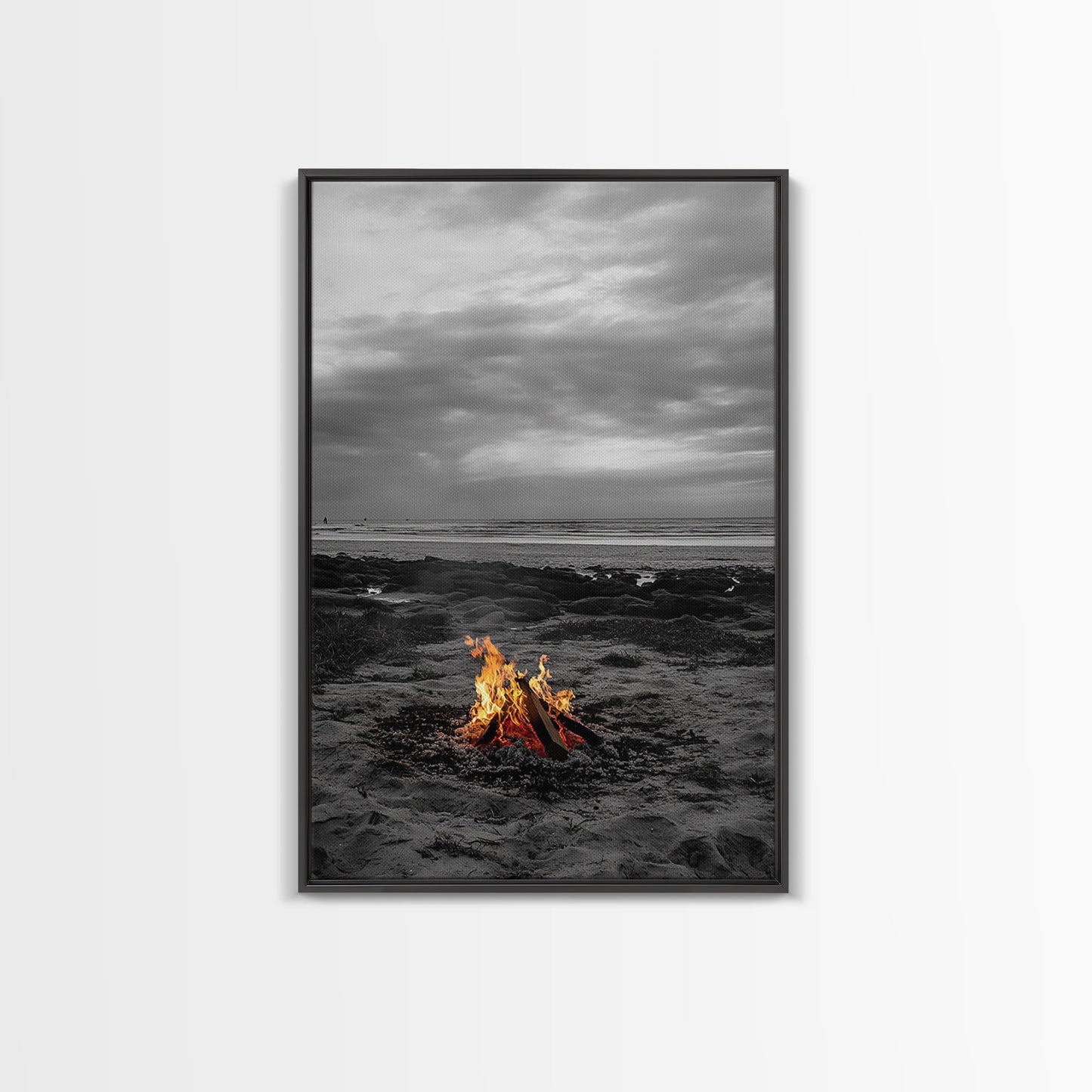 Beach bonfire, coastal art, ocean sunset, nautical decor, seascape painting, cozy fire