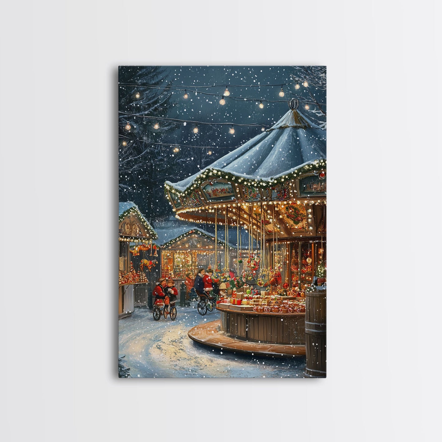 Snowy Night Market Carousel Framed Canvas Wall Decor
