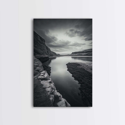 River Gorge, Twilight Reflections, Cliffside Calm, Canvas Print, Moody Black White Wall Art