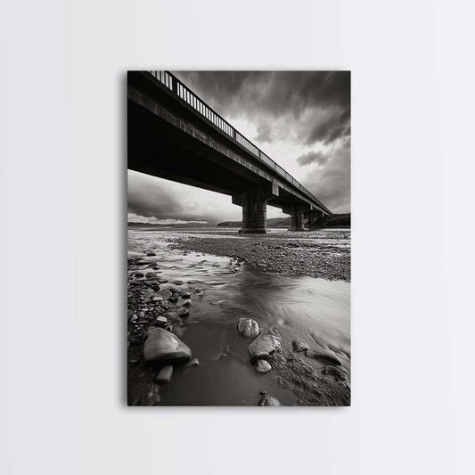 Stormy Bridge, River Rocks, Dramatic Sky, Moody Photography, Office Wall Art