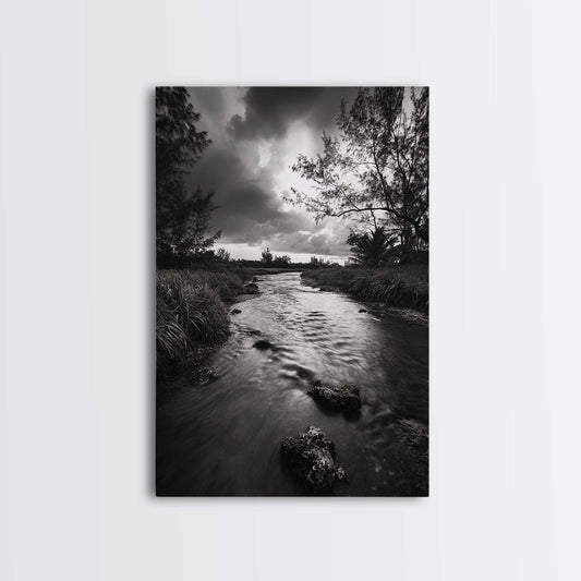 River Flow, Storm Clouds, Nature Trees, Monochrome Scene, Framed Canvas Print