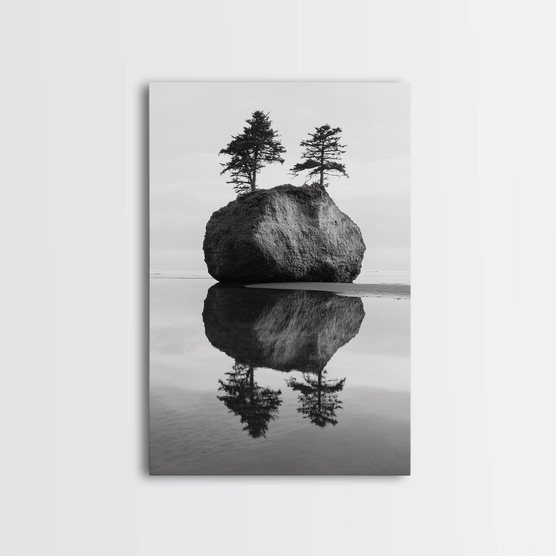 Island Reflection, Twin Trees, Still Water, Minimal Seascape, Zen Decor, Black and White Art