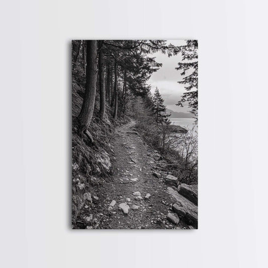 Forest Pathway Trail, Wilderness Escape, Black and White Framed Canvas Print
