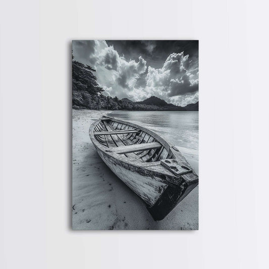 Abandoned Rowboat, Tropical Coastline, Vintage Travel Vibes, Black and White Canvas Print, Beach House or Coastal Living Wall Art