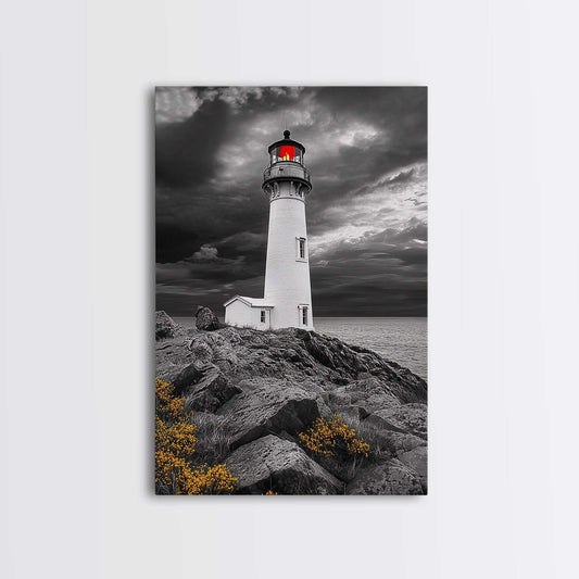 Red Beacon Lighthouse, Rocky Coast Light, Dramatic Storm Sky, Ocean Guide, Framed Canvas Print