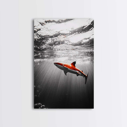 Red Shark, Underwater Scene, Ocean Light Rays, Color Contrast, Canvas Print