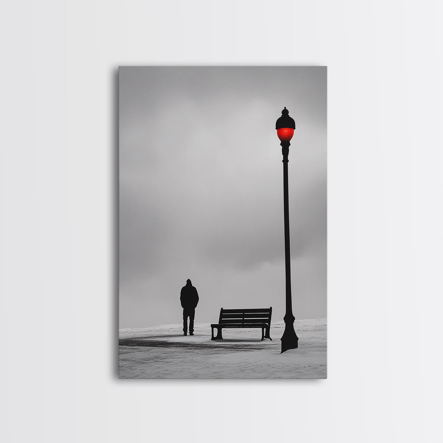 Red Street Lamp, Snowy Walkway, Silhouette Scene, Framed Canvas Print, Moody Wall Art
