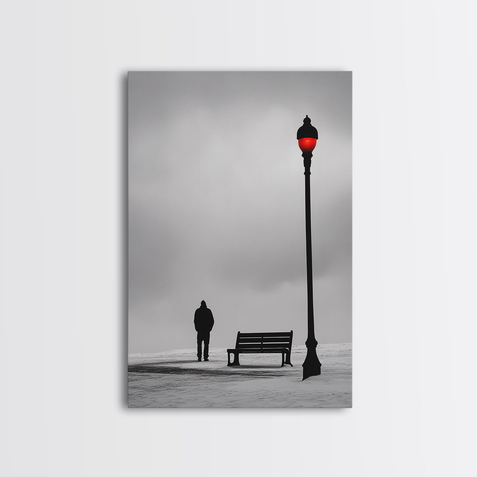 Red Street Lamp, Snowy Walkway, Silhouette Scene, Framed Canvas Print, Moody Wall Art