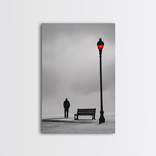 Red Street Lamp, Snowy Walkway, Silhouette Scene, Framed Canvas Print, Moody Wall Art