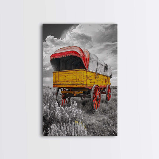 Covered wagon, vintage western art, rustic farmhouse decor, framed canvas print