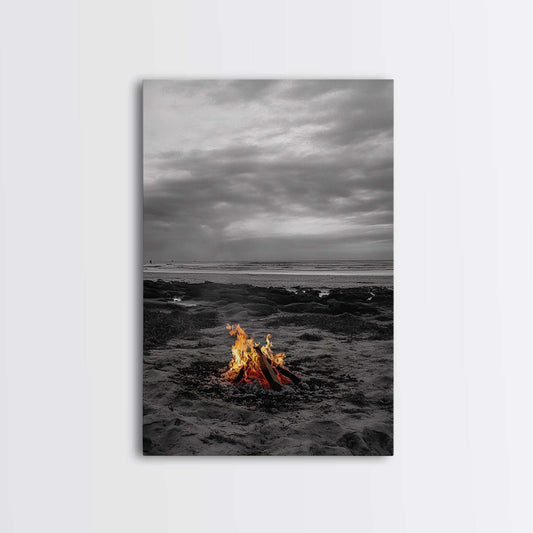 Beach bonfire, coastal art, ocean sunset, nautical decor, seascape painting, cozy fire