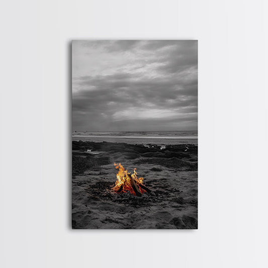 Beach bonfire, coastal art, ocean sunset, nautical decor, seascape painting, cozy fire