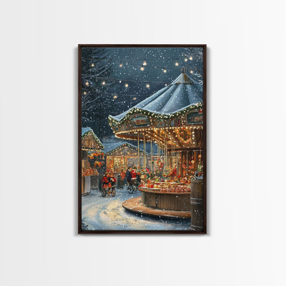 Snowy Night Market Carousel Framed Canvas Wall Decor