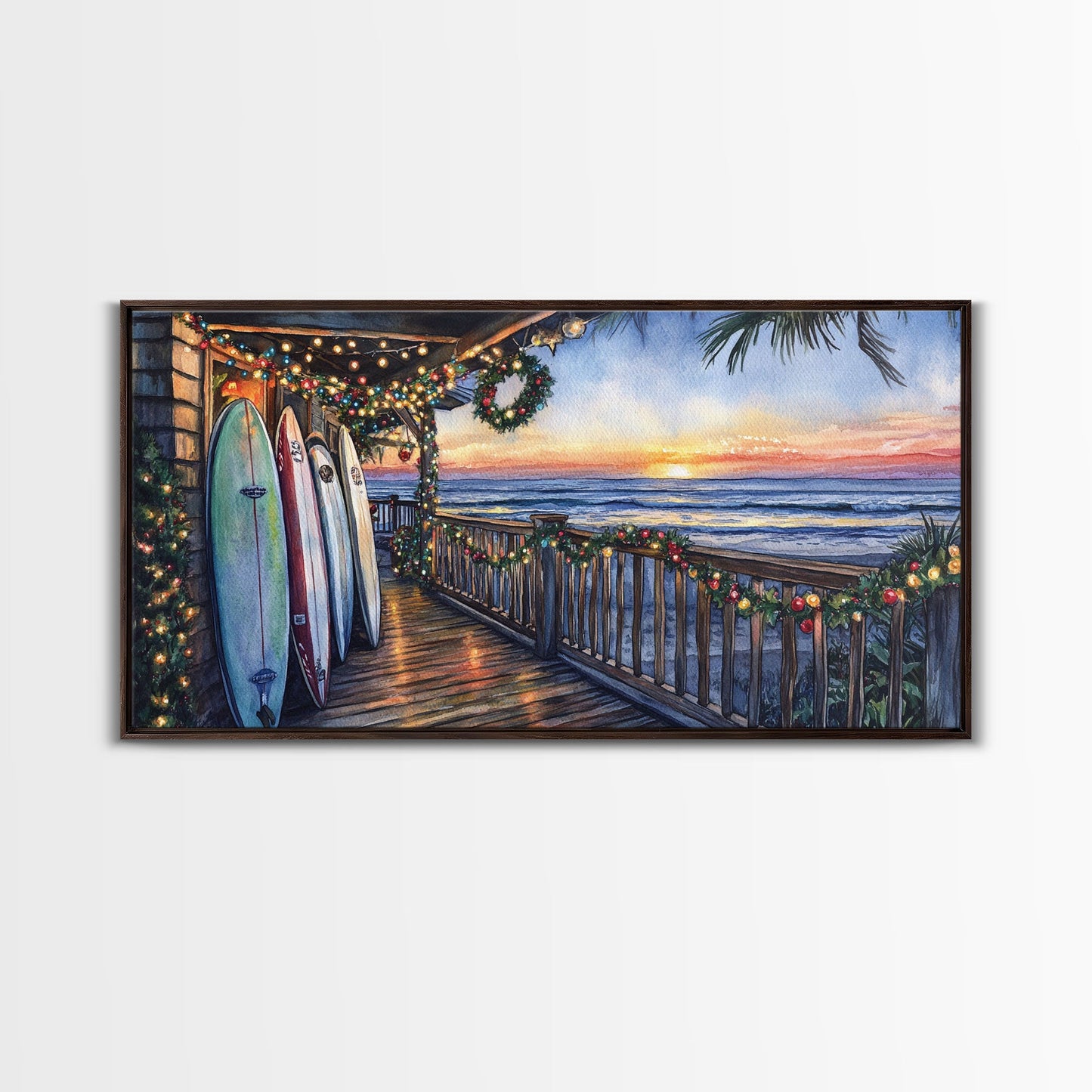 Coastal Christmas Porch Canvas Print with Surfboards