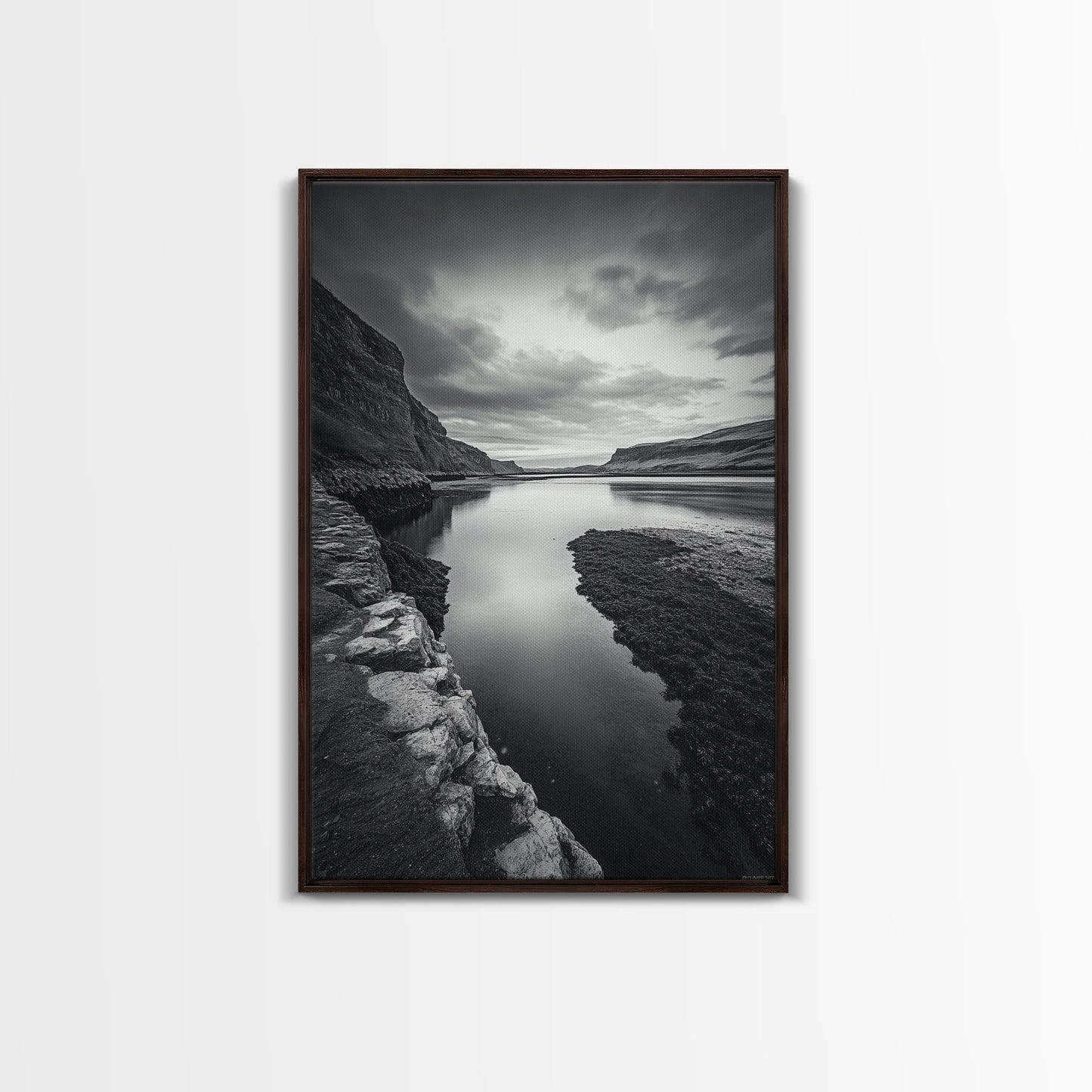 River Gorge, Twilight Reflections, Cliffside Calm, Canvas Print, Moody Black White Wall Art