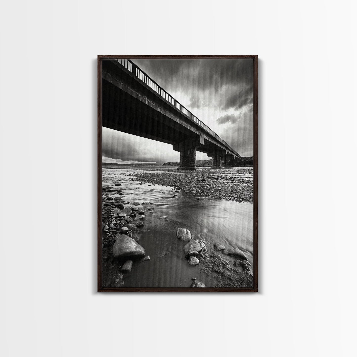 Stormy Bridge, River Rocks, Dramatic Sky, Moody Photography, Office Wall Art