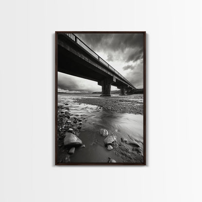 Stormy Bridge, River Rocks, Dramatic Sky, Moody Photography, Office Wall Art