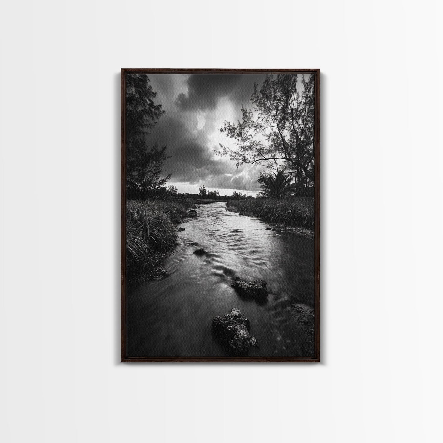 River Flow, Storm Clouds, Nature Trees, Monochrome Scene, Framed Canvas Print