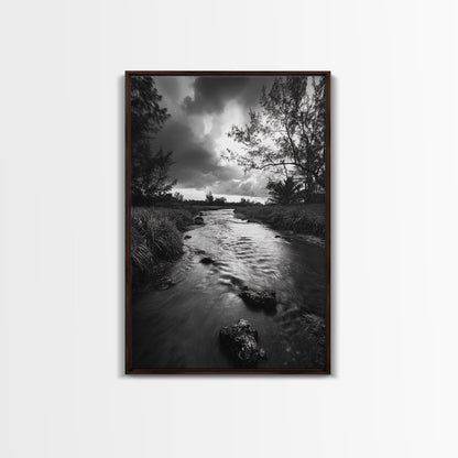 River Flow, Storm Clouds, Nature Trees, Monochrome Scene, Framed Canvas Print