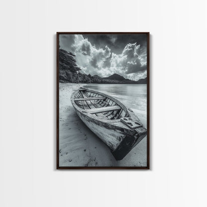 Abandoned Rowboat, Tropical Coastline, Vintage Travel Vibes, Black and White Canvas Print, Beach House or Coastal Living Wall Art