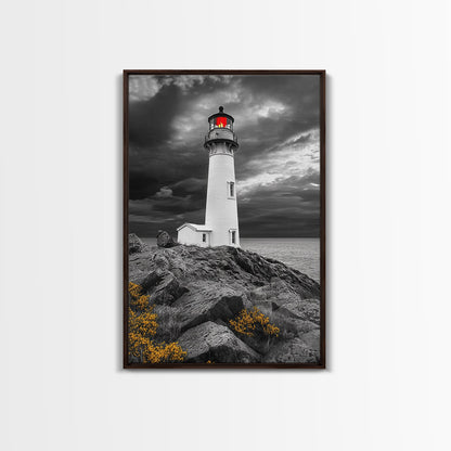 Red Beacon Lighthouse, Rocky Coast Light, Dramatic Storm Sky, Ocean Guide, Framed Canvas Print