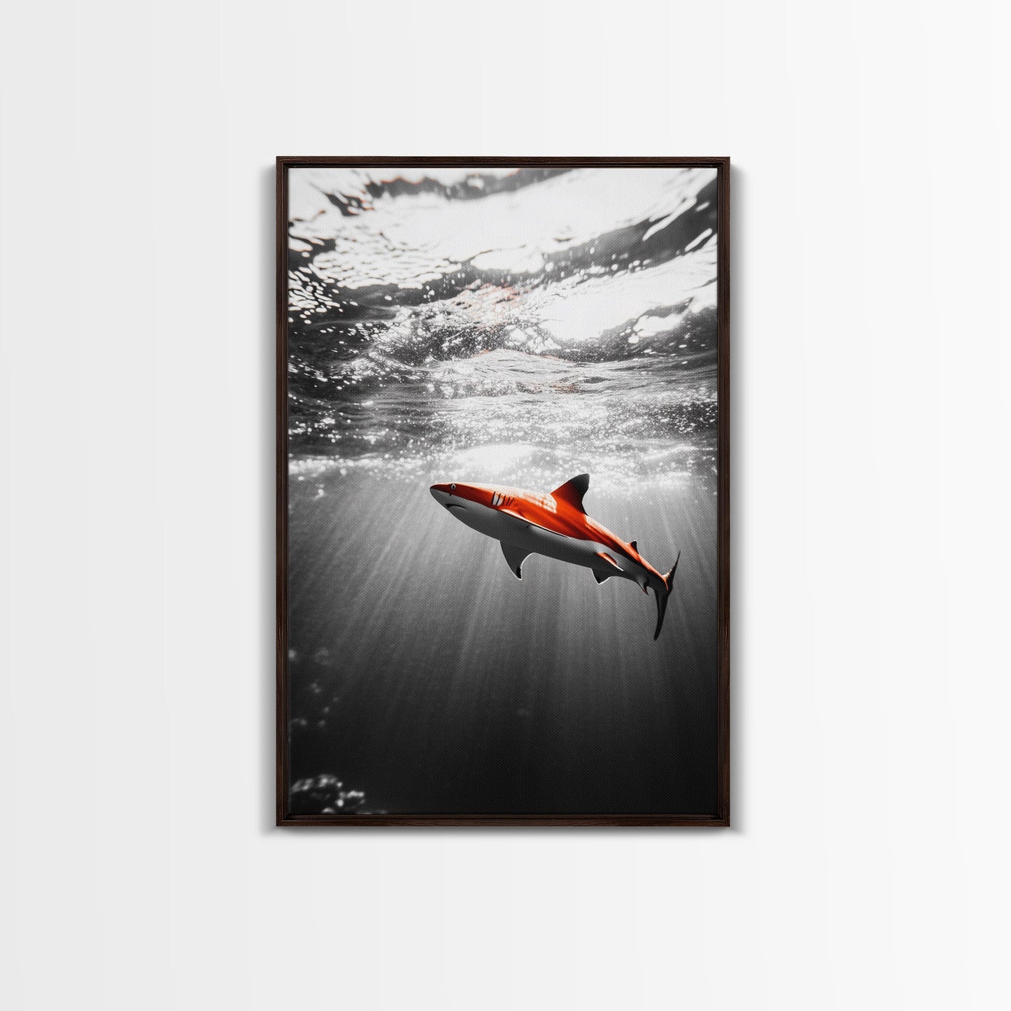 Red Shark, Underwater Scene, Ocean Light Rays, Color Contrast, Canvas Print