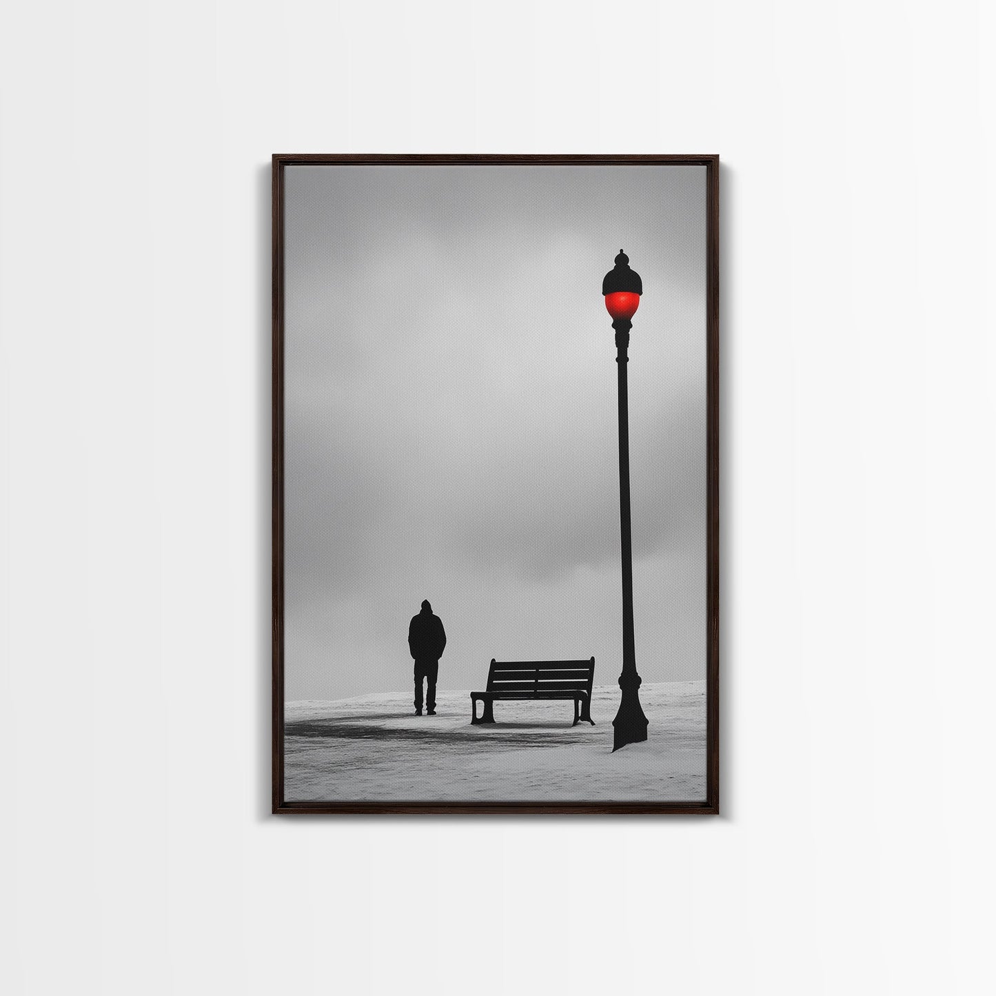Red Street Lamp, Snowy Walkway, Silhouette Scene, Framed Canvas Print, Moody Wall Art