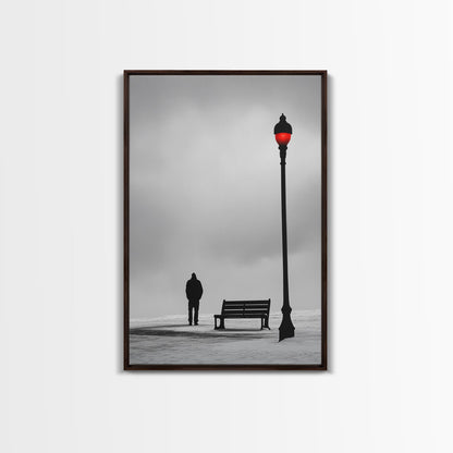 Red Street Lamp, Snowy Walkway, Silhouette Scene, Framed Canvas Print, Moody Wall Art
