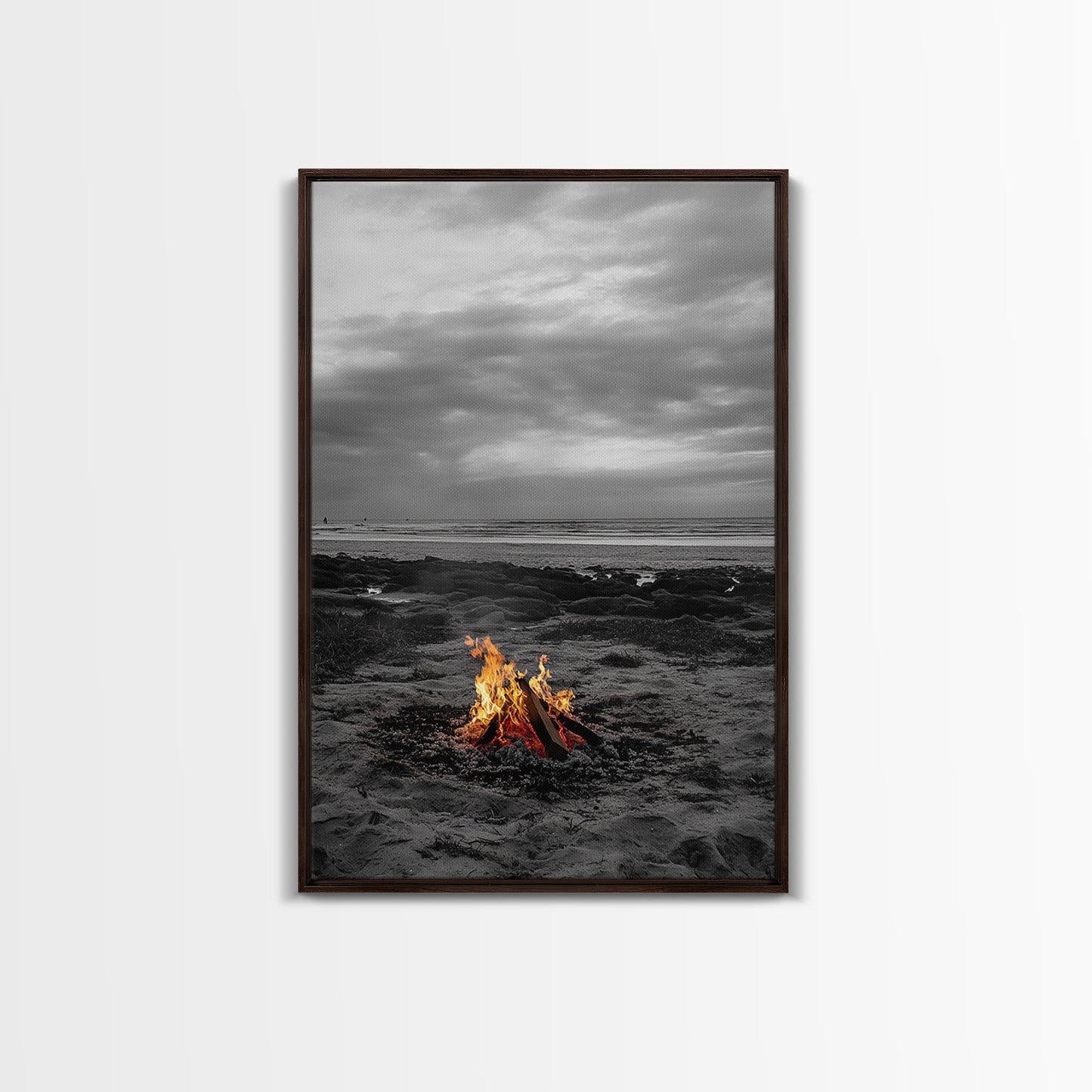 Beach bonfire, coastal art, ocean sunset, nautical decor, seascape painting, cozy fire