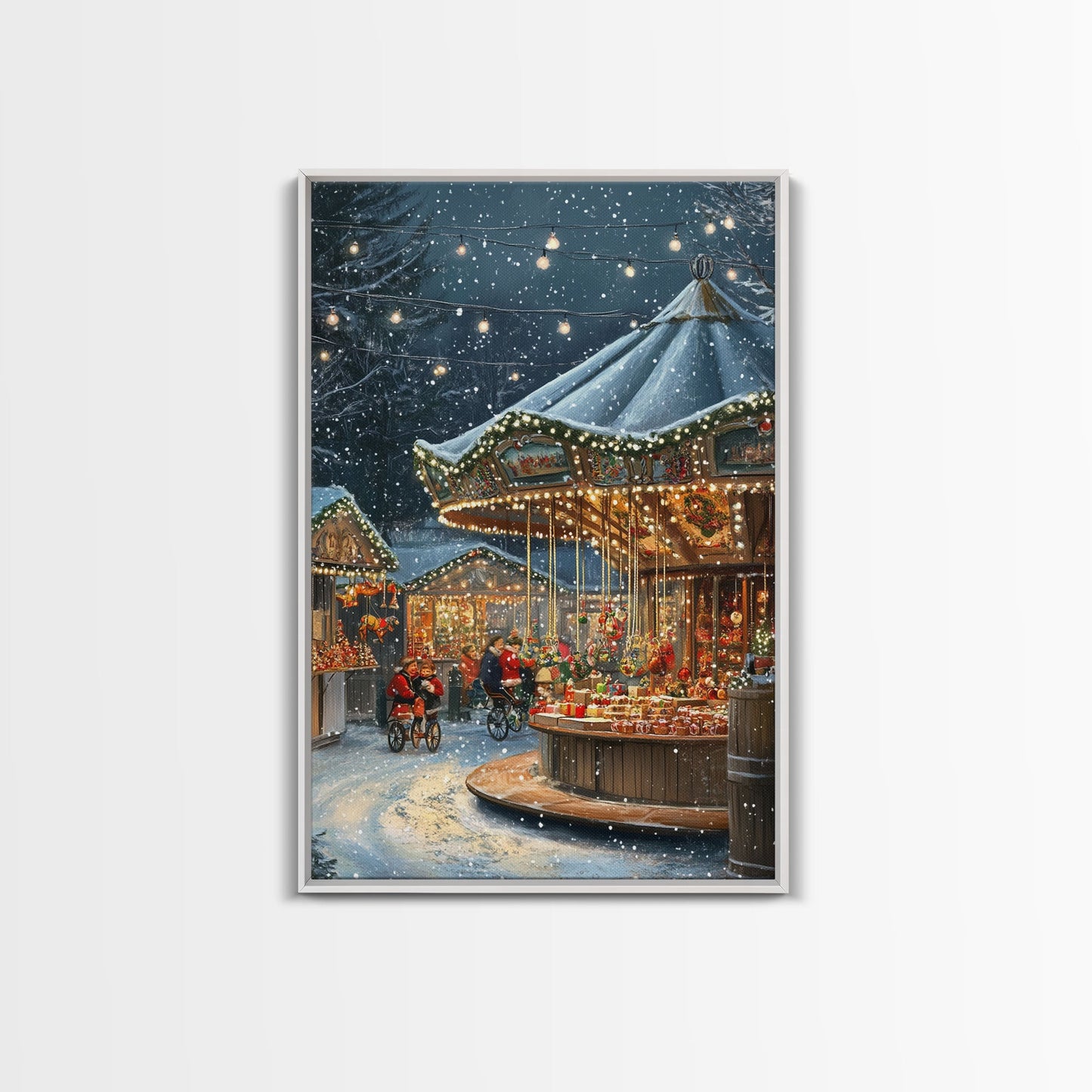Snowy Night Market Carousel Framed Canvas Wall Decor