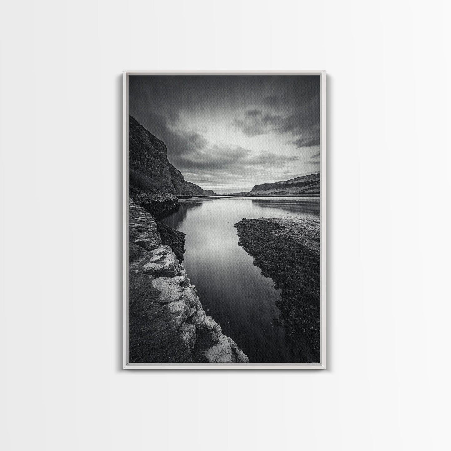 River Gorge, Twilight Reflections, Cliffside Calm, Canvas Print, Moody Black White Wall Art