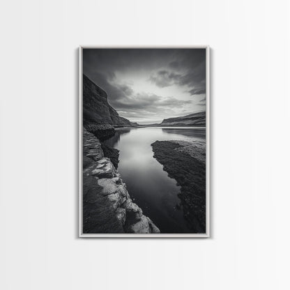 River Gorge, Twilight Reflections, Cliffside Calm, Canvas Print, Moody Black White Wall Art