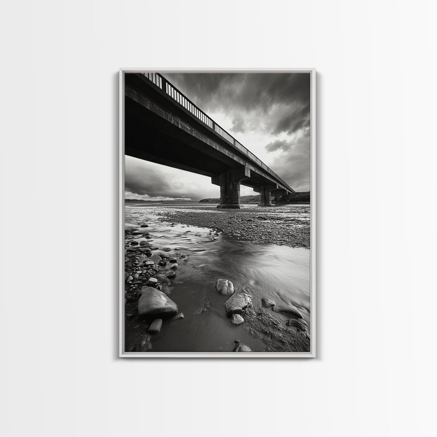 Stormy Bridge, River Rocks, Dramatic Sky, Moody Photography, Office Wall Art