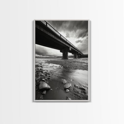 Stormy Bridge, River Rocks, Dramatic Sky, Moody Photography, Office Wall Art