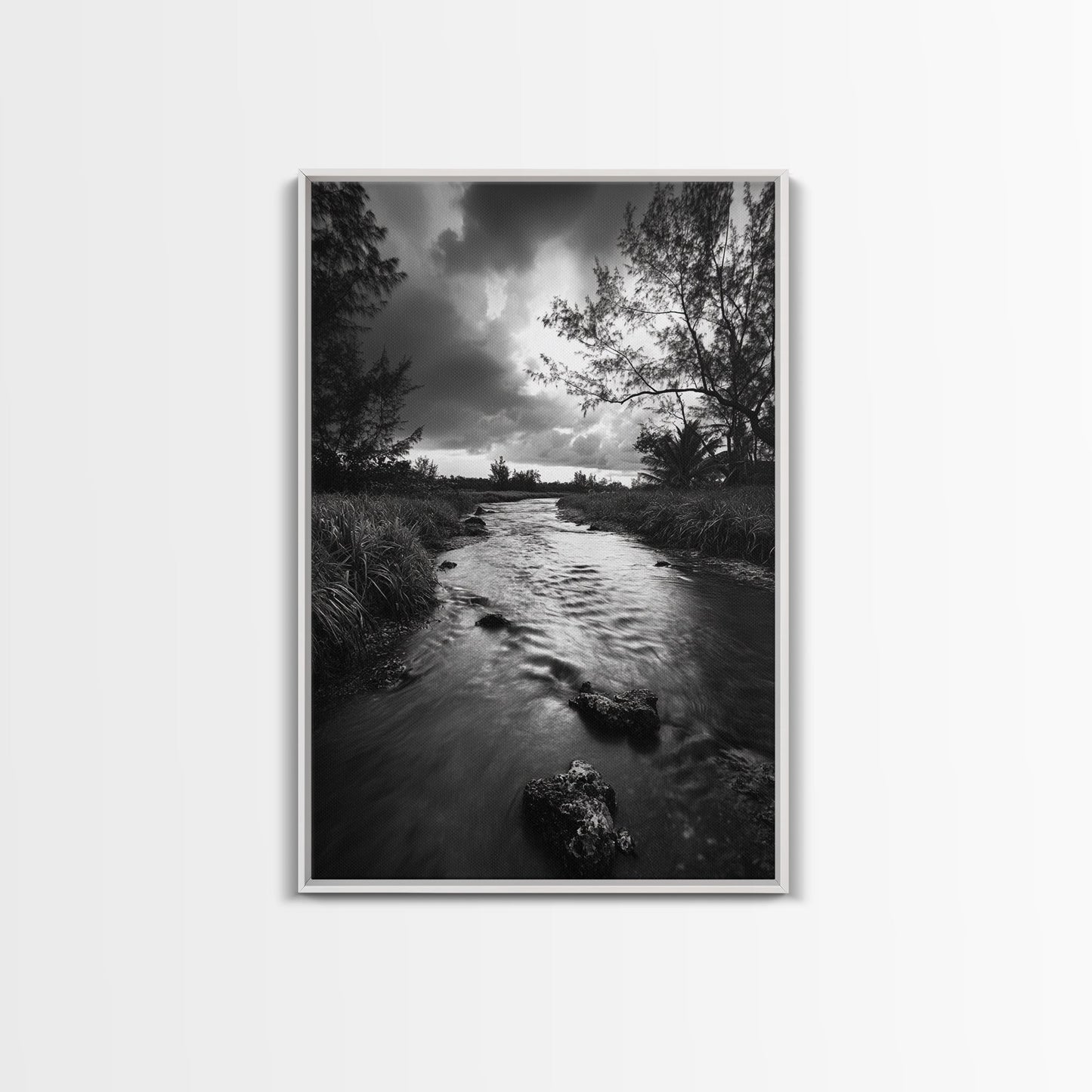 River Flow, Storm Clouds, Nature Trees, Monochrome Scene, Framed Canvas Print