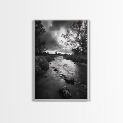 River Flow, Storm Clouds, Nature Trees, Monochrome Scene, Framed Canvas Print