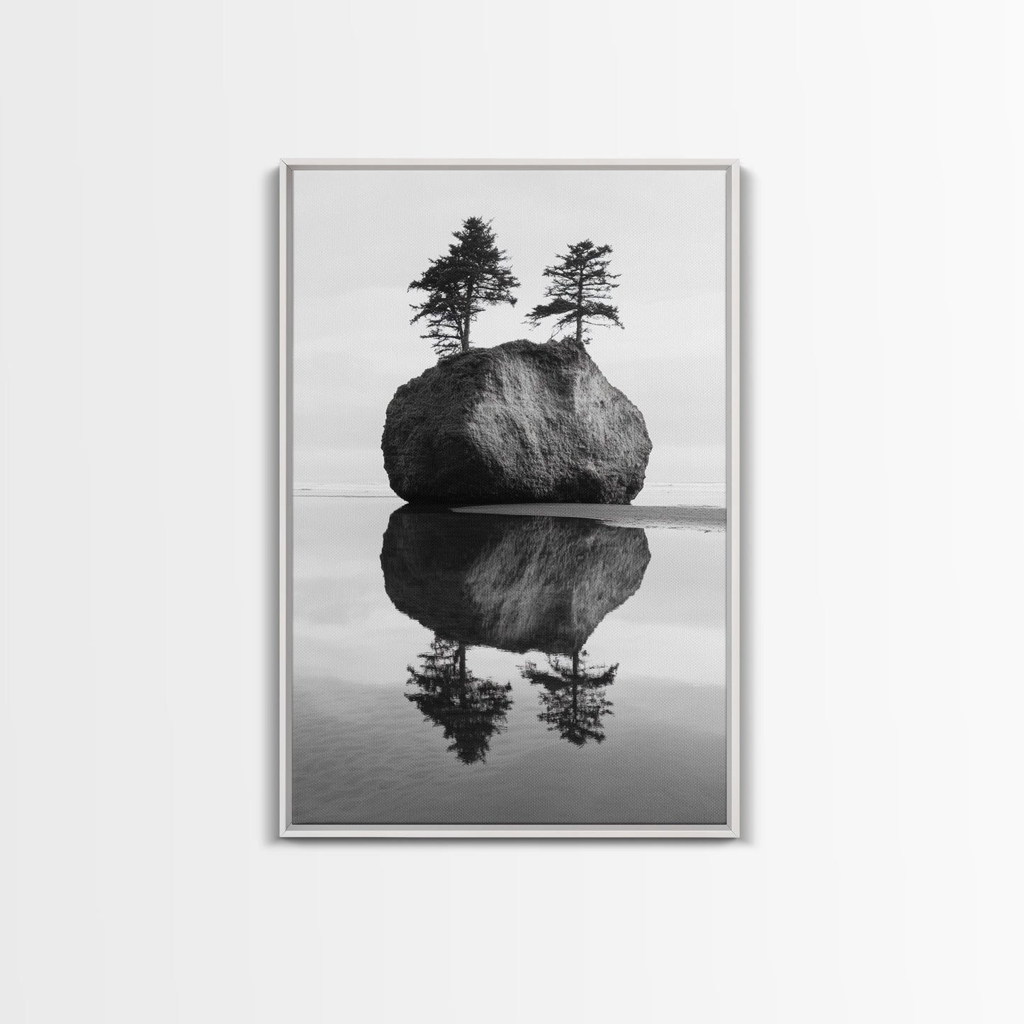 Island Reflection, Twin Trees, Still Water, Minimal Seascape, Zen Decor, Black and White Art
