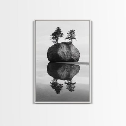 Island Reflection, Twin Trees, Still Water, Minimal Seascape, Zen Decor, Black and White Art
